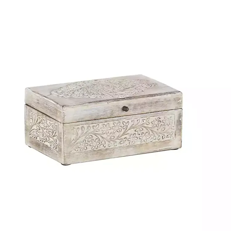 Baskets & Boxes>Kirklands Home washed Floral Carved Wood Boxes, Set of 3 White