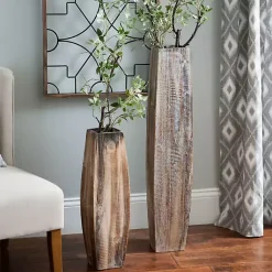 Vases>Kirklands Home Whitewashed Oblong Wooden Vases, Set of 2 Brown