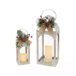 Christmas Decorations>Kirklands Home washed Winter Burlap LED Lanterns, Set of 2 White