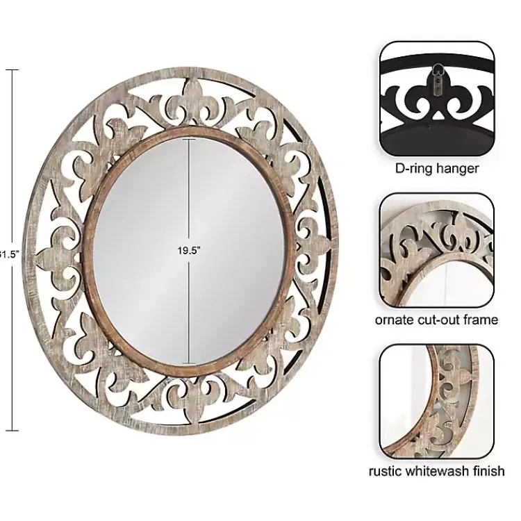 Kirklands Home washed Wood Round Shavali Mirror White Best