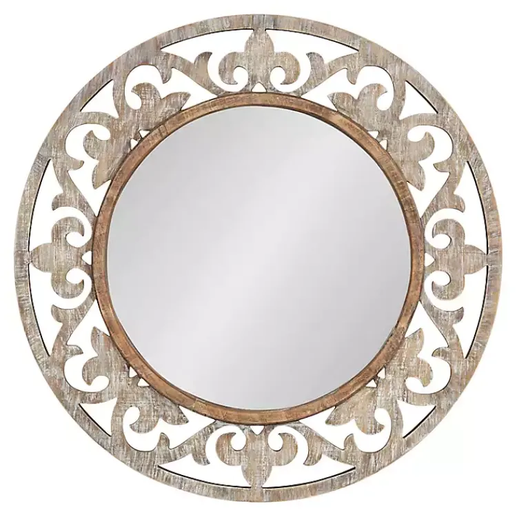 Kirklands Home washed Wood Round Shavali Mirror White Best