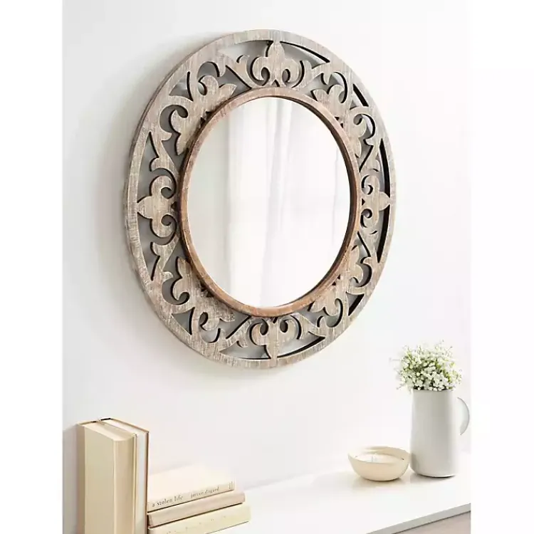 Kirklands Home washed Wood Round Shavali Mirror White Best