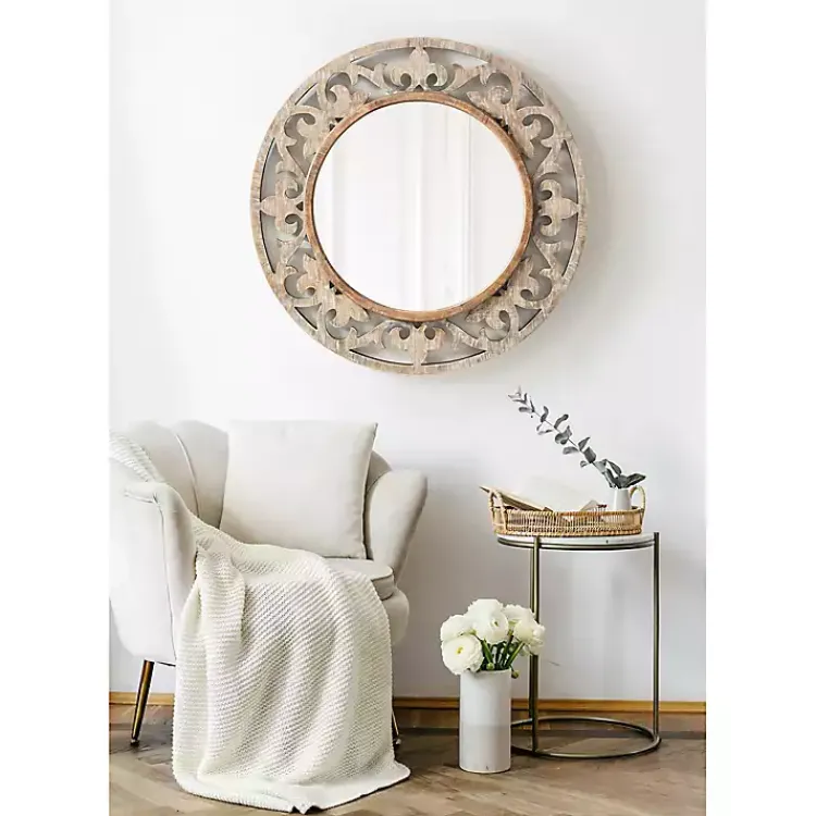 Kirklands Home washed Wood Round Shavali Mirror White Best