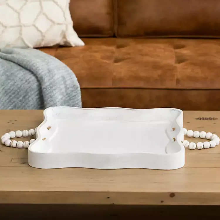 Decorative Trays>Kirklands Home washed Wood Tray with Beaded Handles White