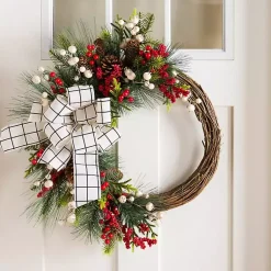 Christmas Wreaths>Kirklands Home Windowpane Plaid Berry Bow Wreath