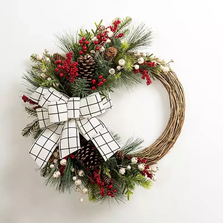 Christmas Wreaths>Kirklands Home Windowpane Plaid Berry Bow Wreath