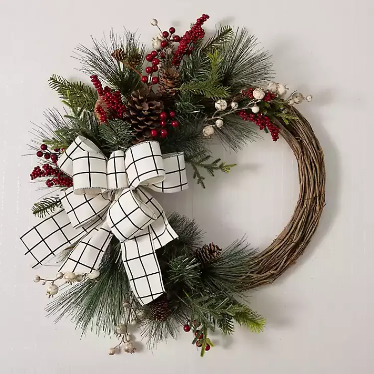Christmas Wreaths>Kirklands Home Windowpane Plaid Berry Bow Wreath