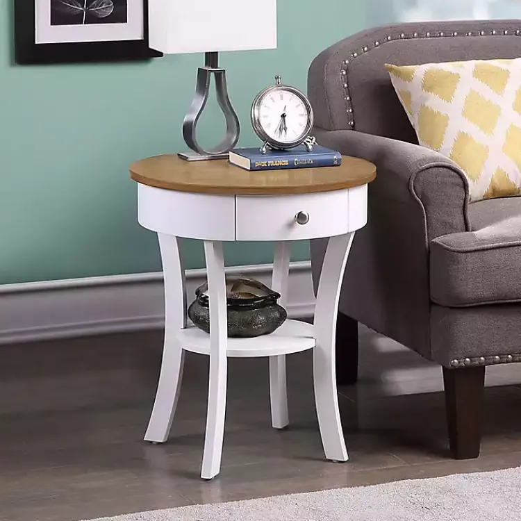 Kirklands Home Wood & White Curved Legs Round Drawer Accent Table Brown Discount