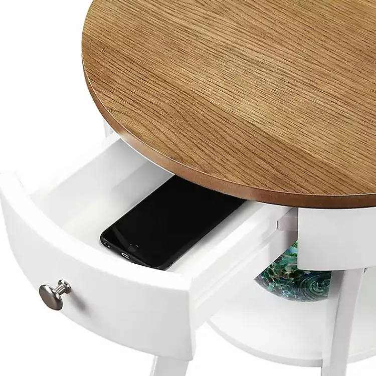 Kirklands Home Wood & White Curved Legs Round Drawer Accent Table Brown Discount