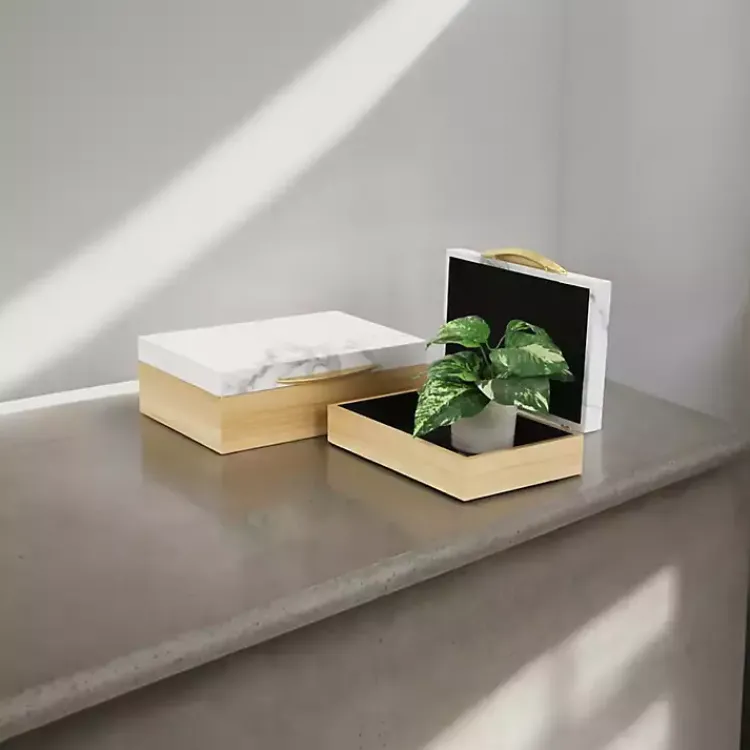 Baskets & Boxes>Kirklands Home Wood and Faux Marble Rectangular Boxes, Set of 2