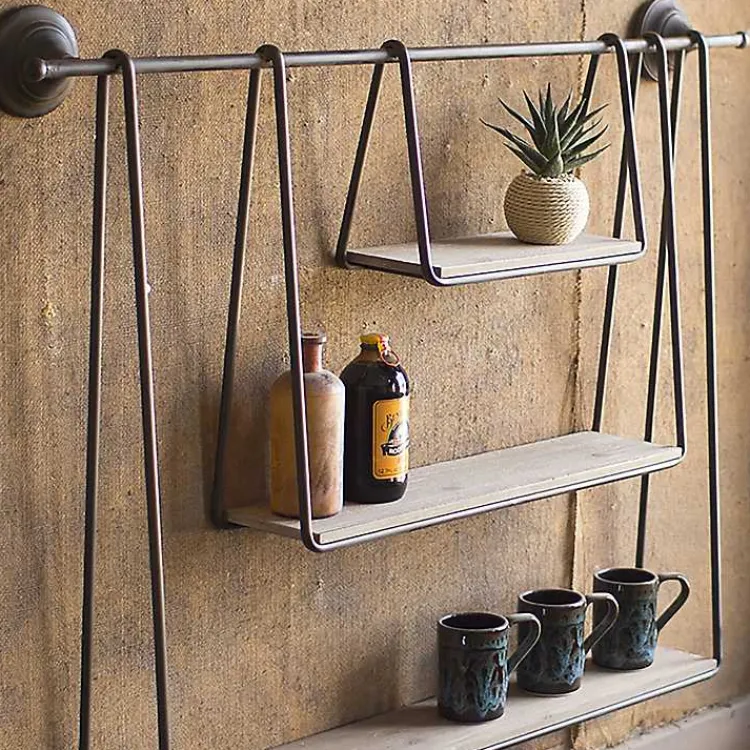 Kirklands Home Wood and Metal Three-Tier Side Modern Wall Shelf Clearance