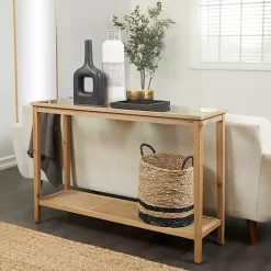 Kirklands Home Wood Glass Top Console Table with Rattan Shelf Brown Outlet