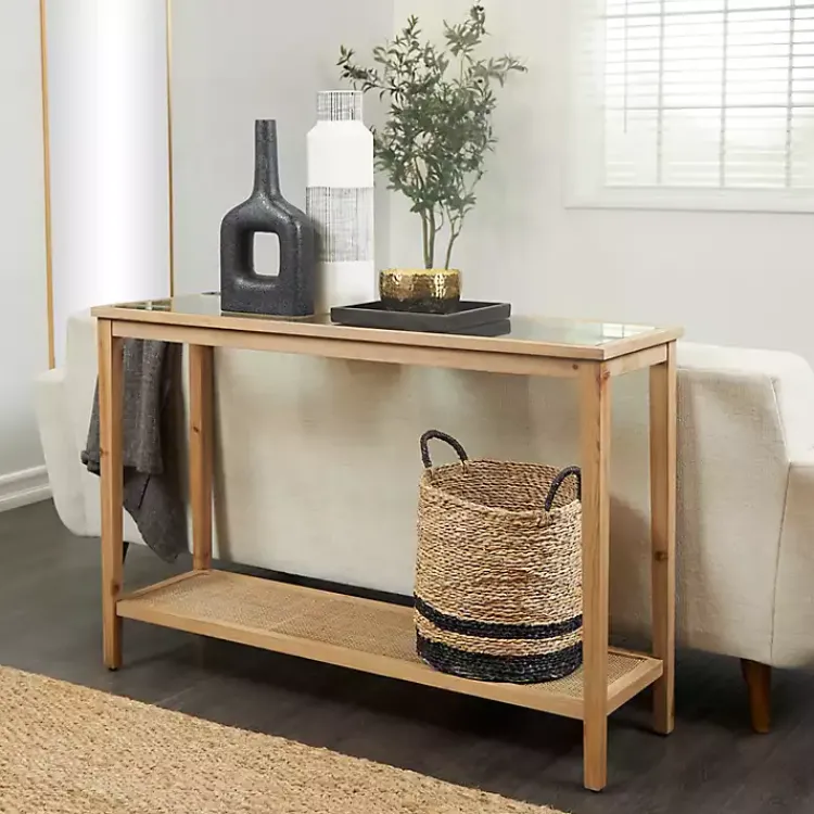 Kirklands Home Wood Glass Top Console Table with Rattan Shelf Brown Outlet