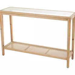 Kirklands Home Wood Glass Top Console Table with Rattan Shelf Brown Outlet