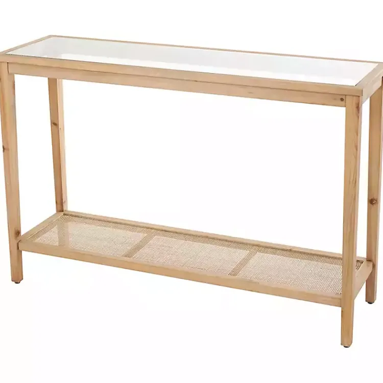 Kirklands Home Wood Glass Top Console Table with Rattan Shelf Brown Outlet