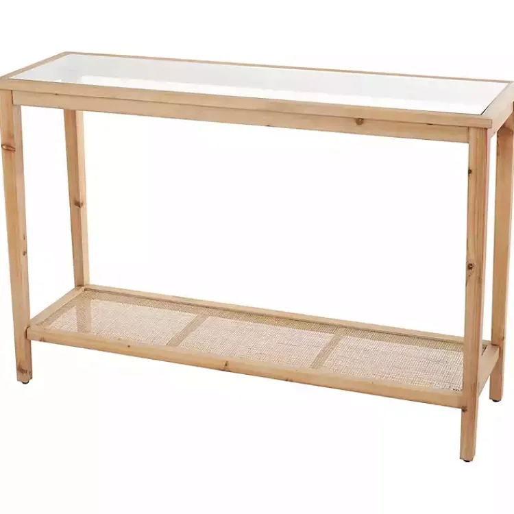 Kirklands Home Wood Glass Top Console Table with Rattan Shelf Brown Outlet