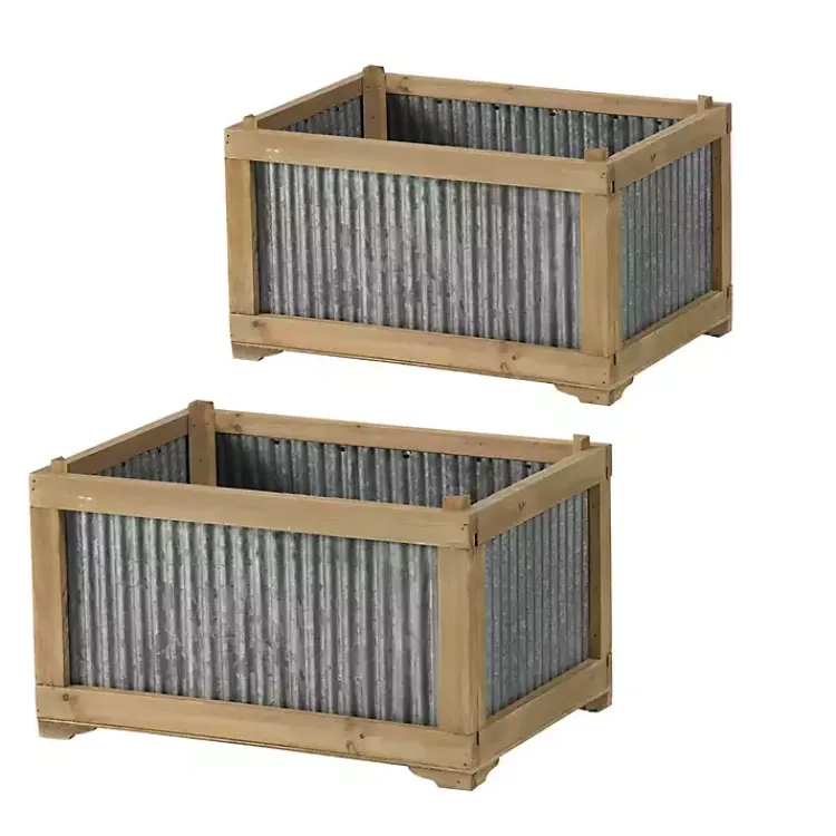 Kirklands Home Wood Planters with Galvanized Sides, Set of 2 Online