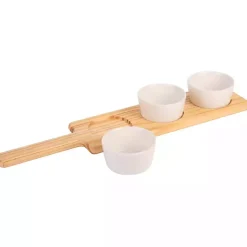 Kirklands Home Wood Serving Tray with White Ceramic Bowls New