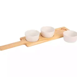 Kirklands Home Wood Serving Tray with White Ceramic Bowls New