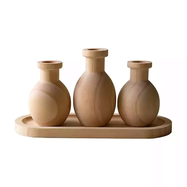 Vases>Kirklands Home Wooden Bud Vases on Tray Tan