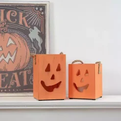 Halloween>Kirklands Home Wooden Jack O' Lantern Candle Holder Orange