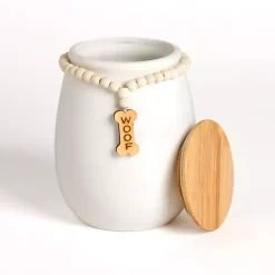 Kirklands Home Woof Ceramic Dog Treat Canister with Beaded Accent White Online