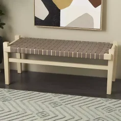 Kirklands Home Woven Leather Natural Wood Bench Brown Outlet