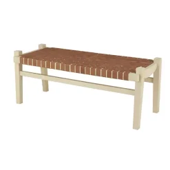 Kirklands Home Woven Camel Leather Natural Wood Bench Brown Hot