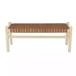 Kirklands Home Woven Camel Leather Natural Wood Bench Brown Hot