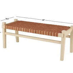 Kirklands Home Woven Camel Leather Natural Wood Bench Brown Hot