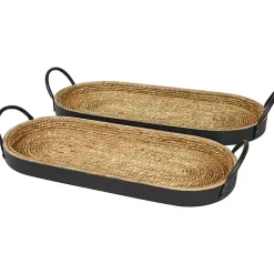 Decorative Trays>Kirklands Home Woven Jute and Black Wood Trays, Set of 2