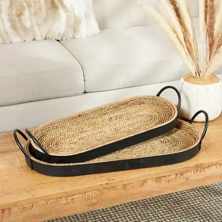 Decorative Trays>Kirklands Home Woven Jute and Black Wood Trays, Set of 2
