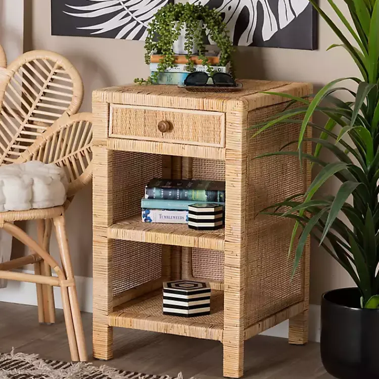 Kirklands Home Woven Rat and Mahogany Wood Nightsd Tan Hot