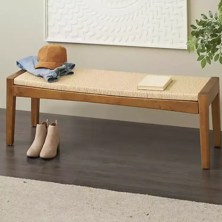 Kirklands Home Woven Rope and Birch Wood Bench Tan Hot
