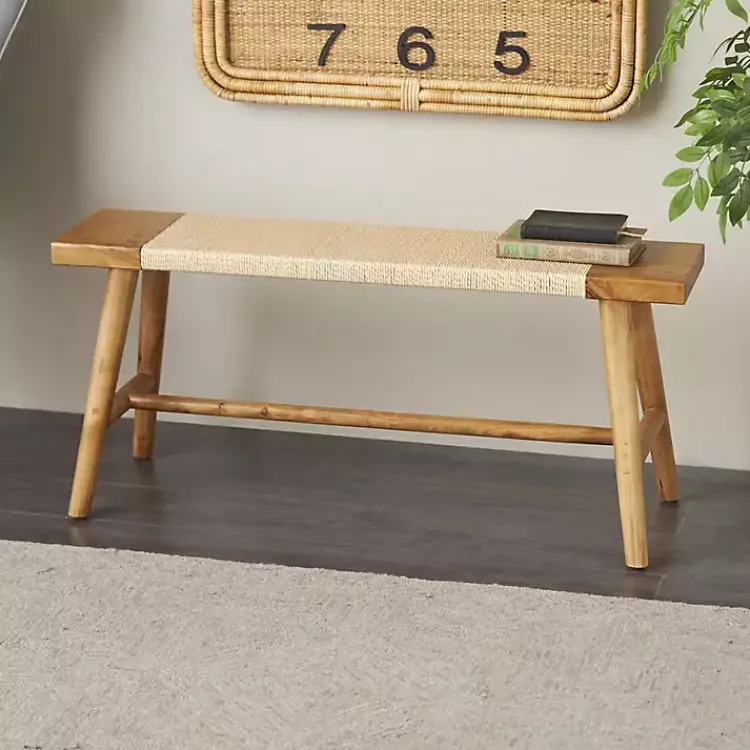 Kirklands Home Woven Rope Narrow Wood Bench Tan Clearance
