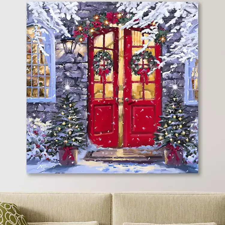 Christmas Art & Wall Decor>Kirklands Home Wreaths on a Red Door Canvas Art Print