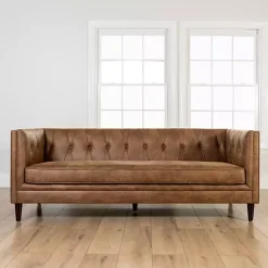 Kirklands Home Wyatt Chester Faux Leather Formal Sofa Brown New