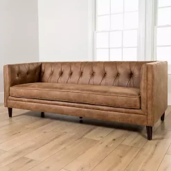 Kirklands Home Wyatt Chester Faux Leather Formal Sofa Brown New