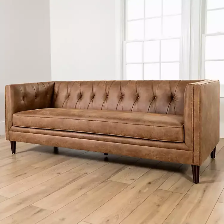 Kirklands Home Wyatt Chester Faux Leather Formal Sofa Brown New
