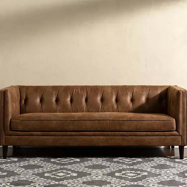 Kirklands Home Wyatt Chester Faux Leather Formal Sofa Brown New