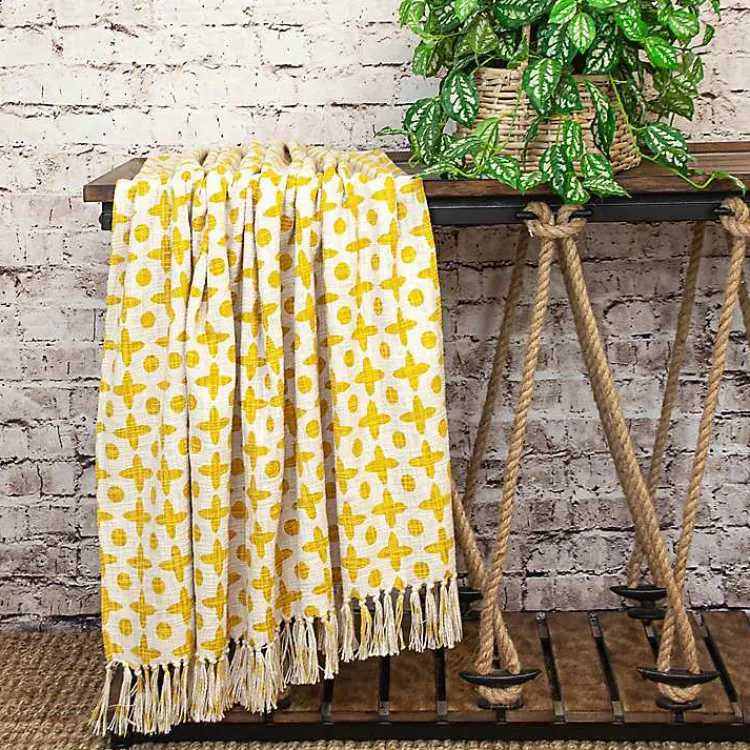 Blankets & Throws>Kirklands Home and Beige Patterned Fringe Throw Yellow