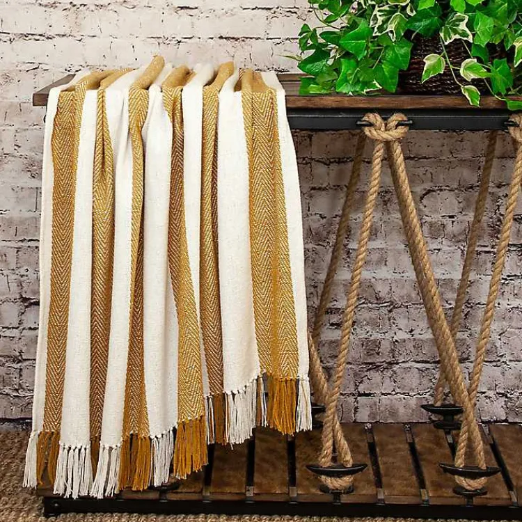 Blankets & Throws>Kirklands Home Yellow Chalet Striped Fringe Throw