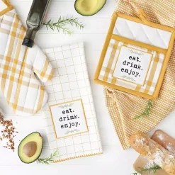 Kirklands Home Yellow Plaid Eat Drink Enjoy 4-pc. Dish Towel Set Hot