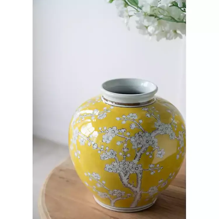 Vases>Kirklands Home Plum Blossoms Round Porcelain Vase, 9.1 in. Yellow