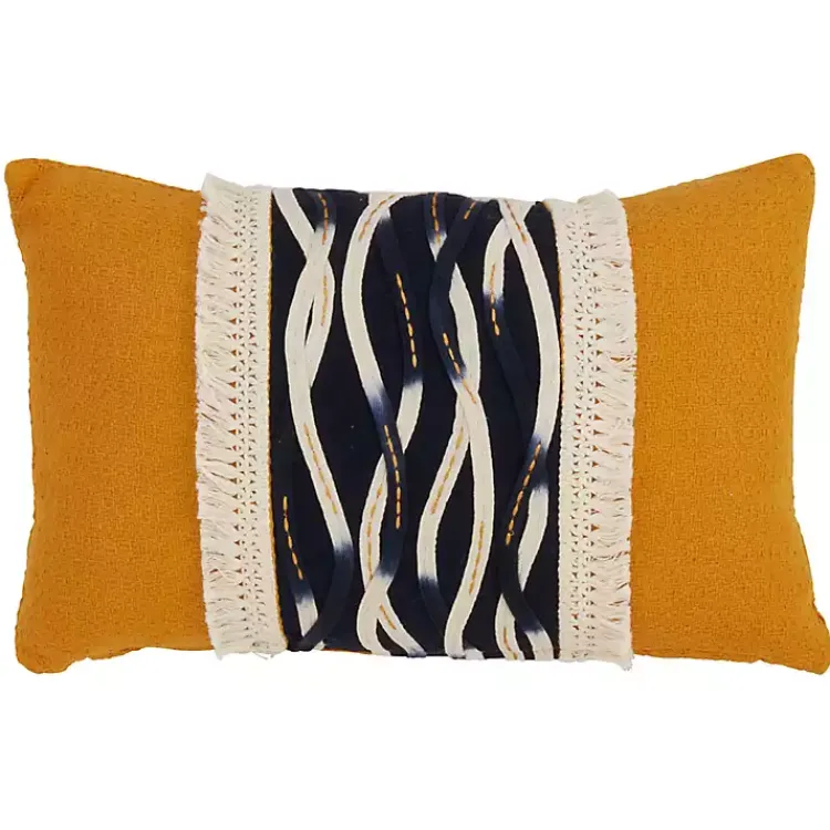 Pillows>Kirklands Home Yellow Wave Stitched Fringe Lumbar Pillow
