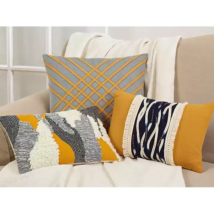 Pillows>Kirklands Home Yellow Wave Stitched Fringe Lumbar Pillow